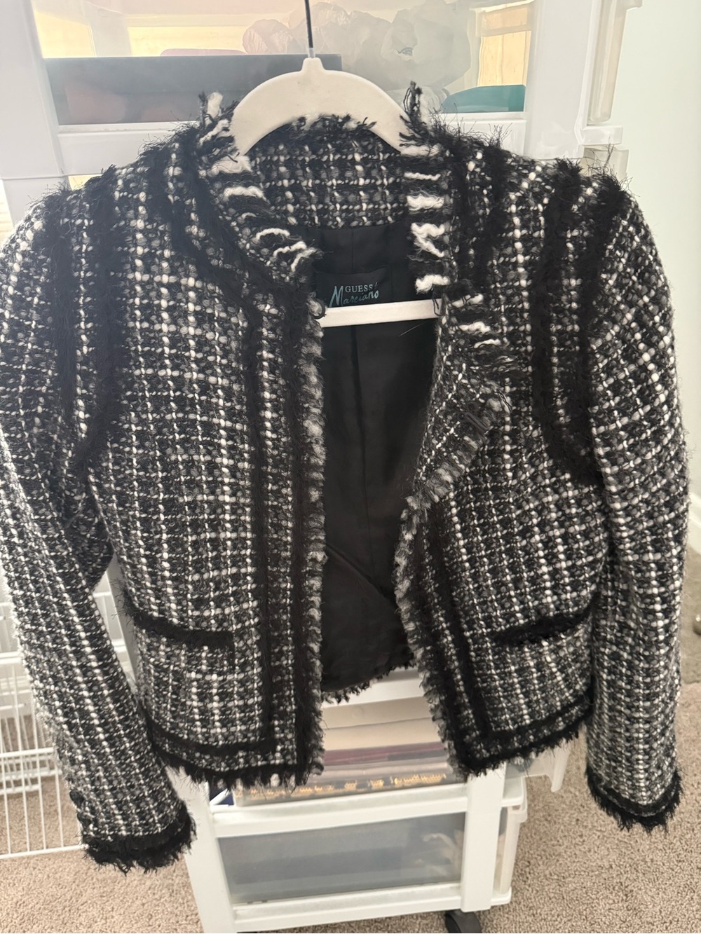 Guess Black and White Tweed Fringe Blazer